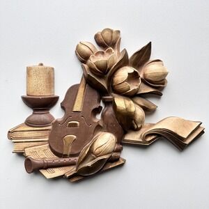 American Vintage Gold and Brown Musical Still Life Wall Accent